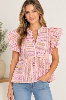 Grace+Karma Jacquard Puff Sleeve Boho Top Medium NWT Pink Multi
